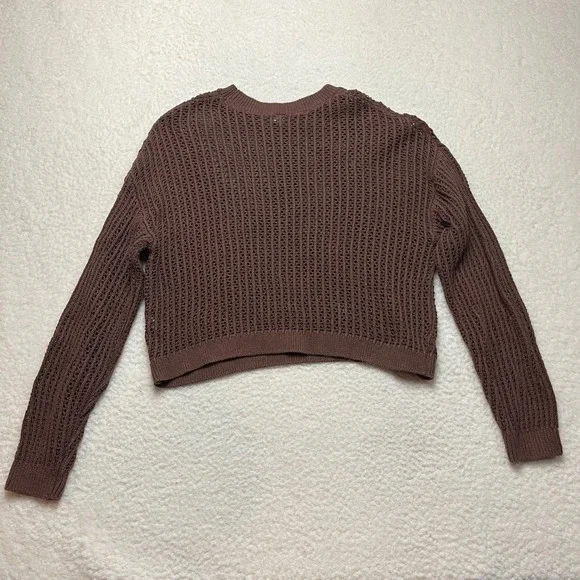 Old Navy Sweater Womens M Brown Open Knit Crochet Long Sleeve Cropped Pullover - Picture 6 of 8